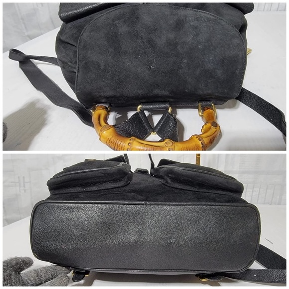 Authentic Gucci Vintage Suede & Leather Bamboo Backpack Black - Picture 8 of 12